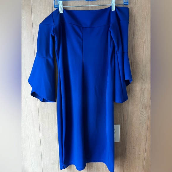 bebe Dresses & Skirts - Bebe Blue Off-Shoulder Pleated Sheath Dress Size 10